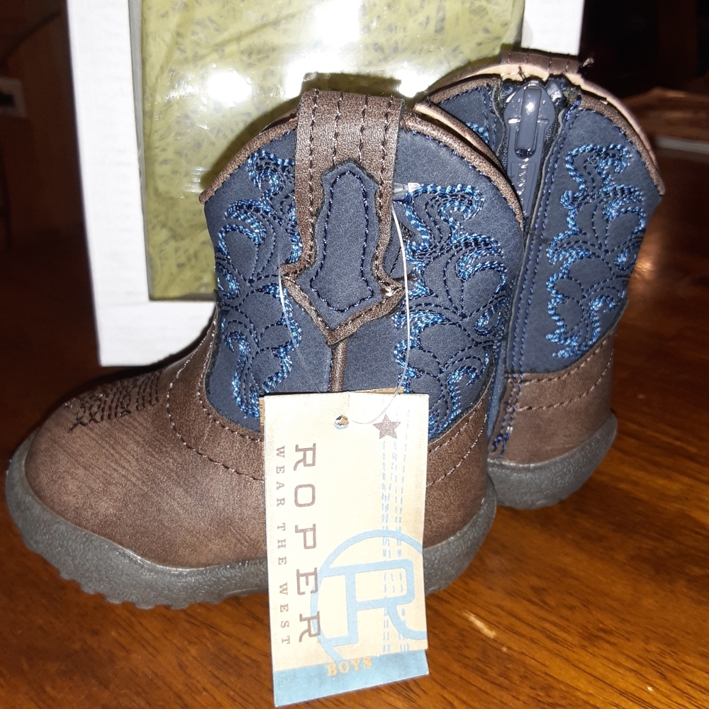Baby Roper Cowboy Western Boot NWT Infant Size 1 0-3 M Brown Blue Zipper Box